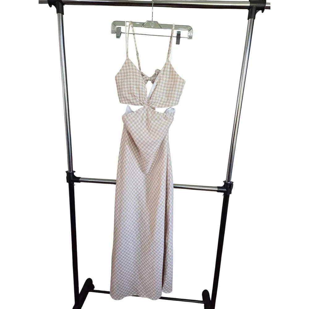 Abercrombie & Fitch Smocked Tie-Front Gingham Maxi Dress Tan Size S